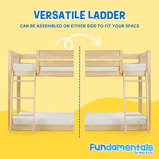 Max & Lily Fundamental Twin Low Bunk Bed, Kids Solid Wood Modern Bed Frame with Strong Wooden Slats, Non-Toxic Finishes, High Weight Capacity, Natural