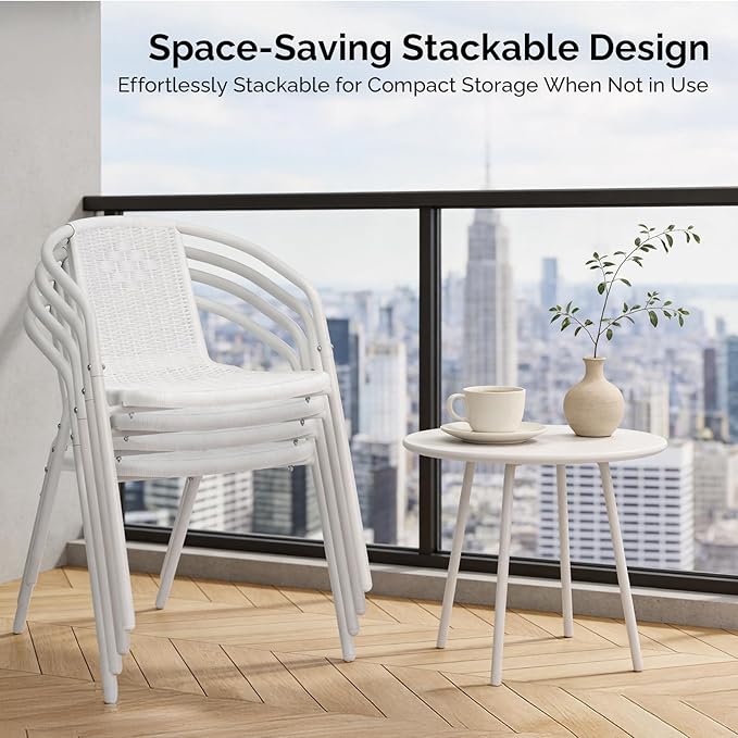 VINGLI PE Rattan Outdoor Dining Chairs Set of 2, Plastic Stackable Patio Chairs for Indoor, Porch, Restaurant, Garden, White