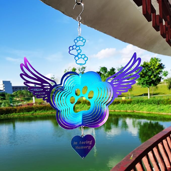 DJUAN Pet Memorial Wind Spinners, Cat Memorial Gifts,Stainless Steel Angel Wings Pet Paw Print,Dogs and Cats Remembrance, Pet Sympathy,Pet Loss Bereavement Gifts