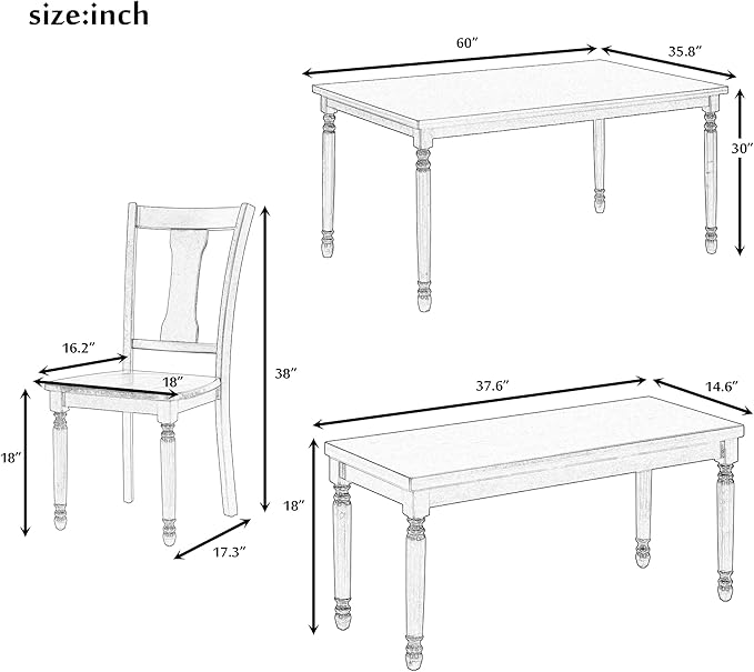 6 Pieces Dining Table Set with 60" Rectangle Kitchen Desk,Living Room Furniture W/ 4 Concave Arc Chairs & 1 Bench,for Restaurant,Home Bistro,Brown+Cottage White
