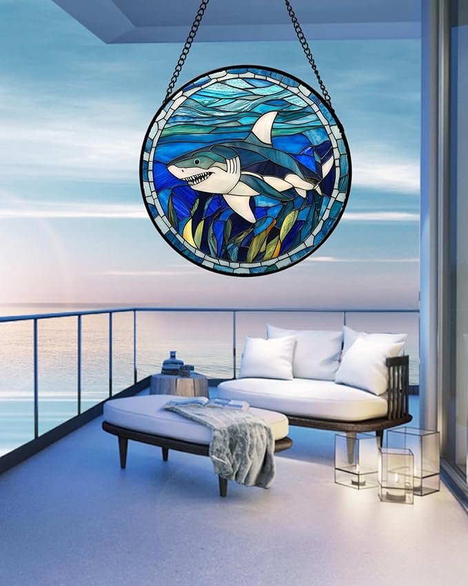Stained Glass Suncatcher, Blue Ocean Big Shark Sun Catcher Waterweed Stain Glass Window Hanging Decoration Mother's Day Birthday Gifts for Women Men Mom Nana 11.8 in