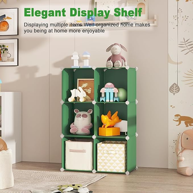 C&AHOME 6-Cube Storage Organizer, Stackable Storage Cubes Shelves, Portable Bookshelf, Plastic Clothing Storage Closet Organizer, DIY Modular Shelving Units for Wardrobe, Home, Green