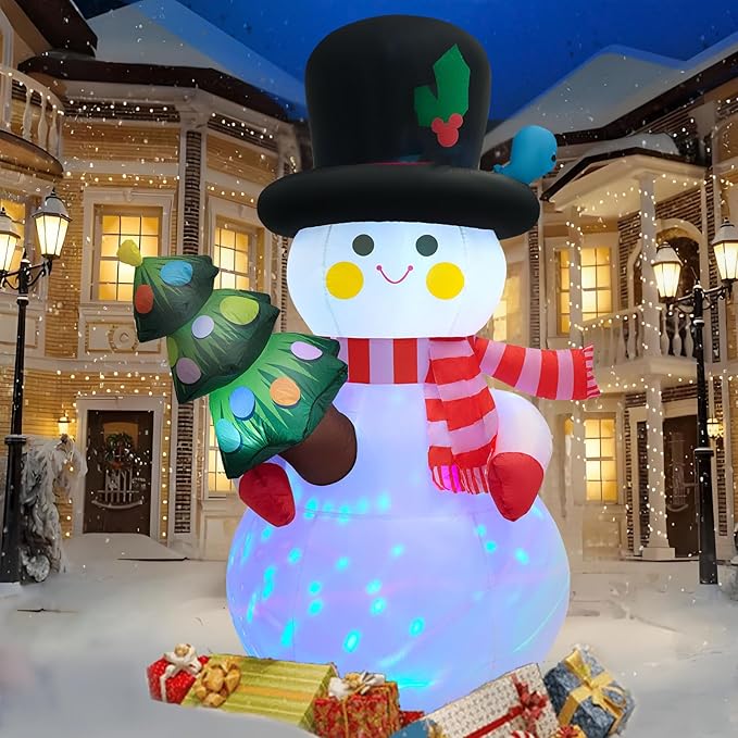 8 FT Christmas Inflatables Snowman Yard Decoration, Blow Up Snowman with Christmas Tree Outdoor Decoration with Rotating LED Lights for Holiday Party Garden Lawn Decor, Xmas New Year Kids Gifts