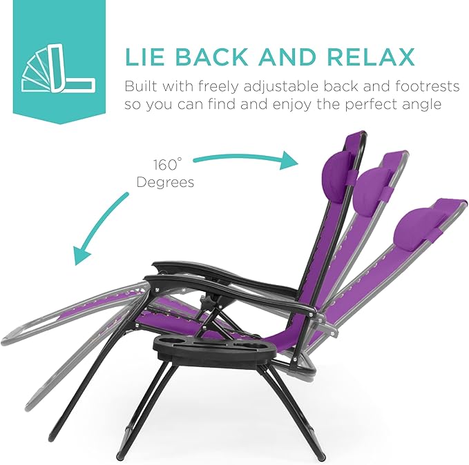 Best Choice Products Set of 2 Adjustable Steel Mesh Zero Gravity Lounge Chair Recliners w/Pillows and Cup Holder Trays - Amethyst Purple