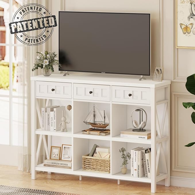 FATORRI 6 Cube Storage Bookshelf with 3 Drawers, Long Horizontal Bookcase, Modern Cubby Organizer Shelf (White Oak, 47 Inch)
