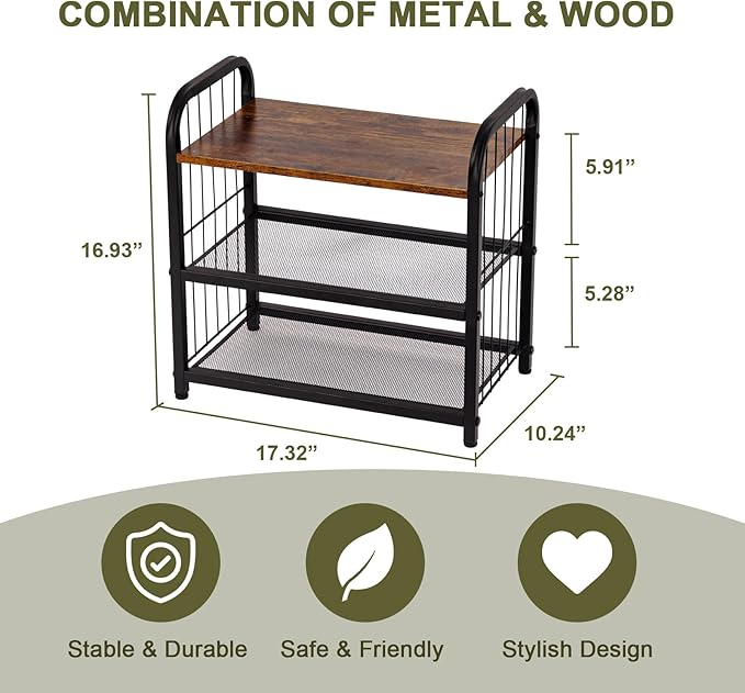 Shoe Rack, 3-Tier Shoe Organizer with Guardrails, Heavy-Duty Metal Mesh Shelves & Rustic Wooden Top for Stylish Closet & Front Door Storage