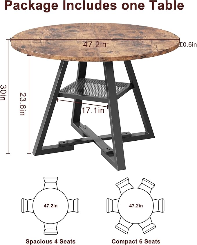 Round Dining Table for 4,Kitchen Dining Room Circle Dinner Pedestal Table,Space Saving Wood Kitchen & Dining Room Furniture (Vintage, 47In)