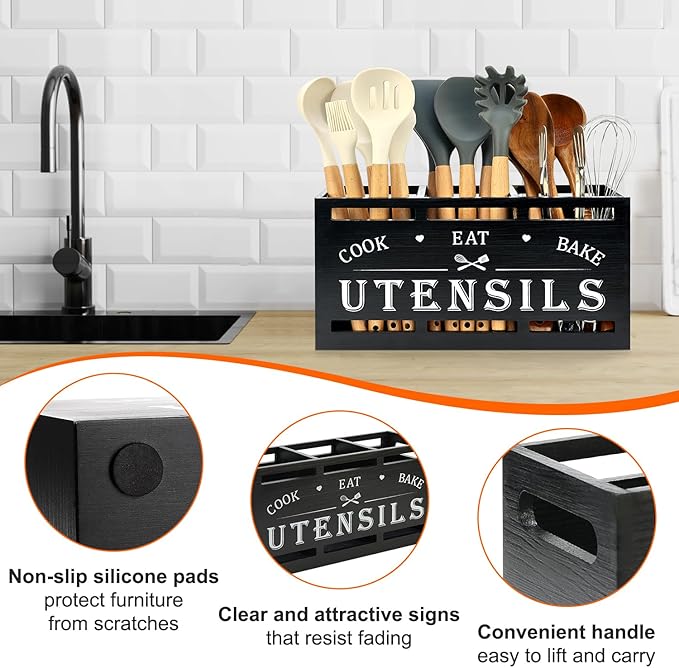 Extra Large Black Wood Utensil Holder Organizer Farmhouse Kitchen Decor Cutlery Spatula Holder Silverware Caddy Wooden Cooking Utensils Holder for Kitchen Countertop Utensil Crock Spoon Tools Holder