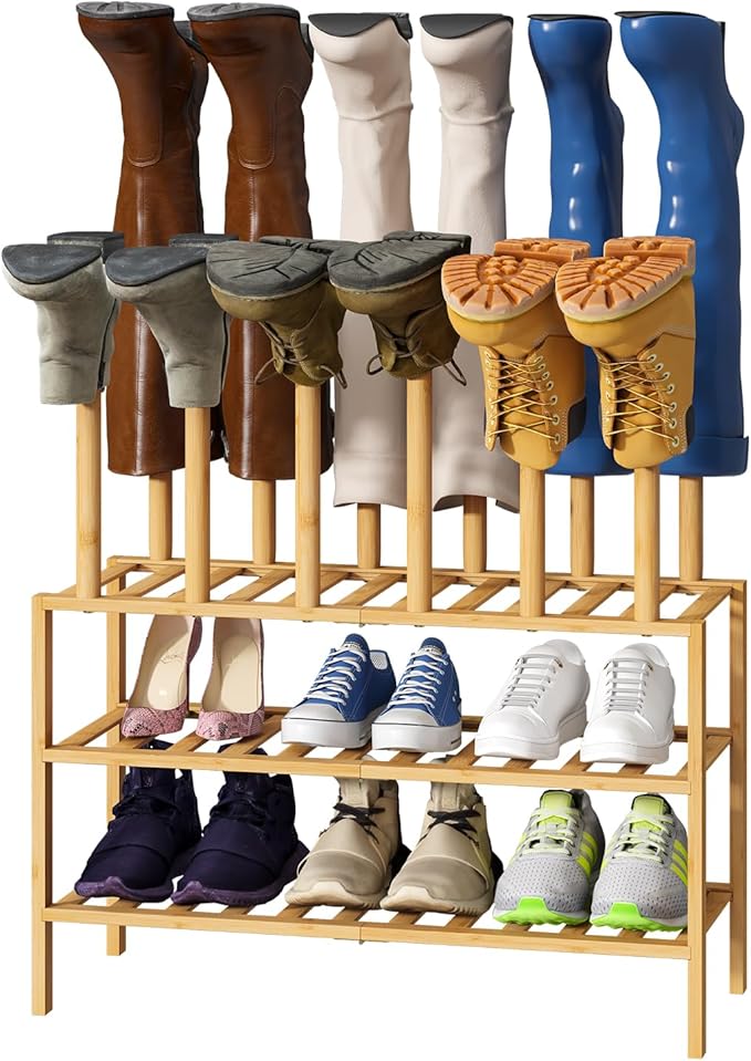 Boot Rack with Shoe Rack, Boot Rack Organizer Tall Boots for Closet, Bamboo Wood Shoe Shelf Storage Organizer for Entryway Small Space