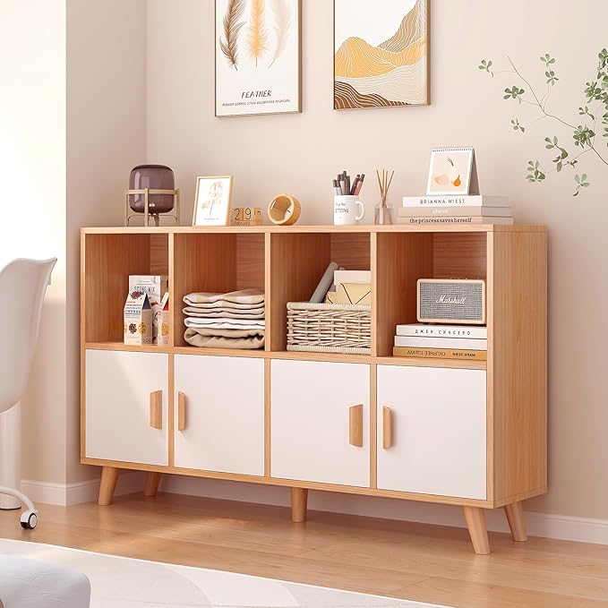 Cubby Shelf Bookcase with Doors - Wooden 8 Cube Floor Standing Open Bookshelf with Solid Wood Legs, 2-Tier Low Storage Cabinet, Oak and Warm White