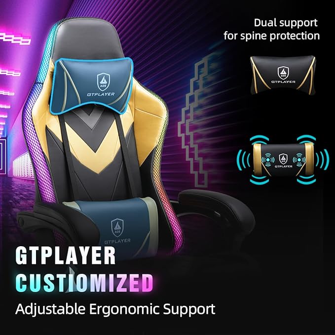 GTPLAYER Gaming Chair, RGB Gaming Chairs with LED Lights, Video Gaming Chair for Adults, Ergonomic Computer Gaming Chair with Linkage Armrest, Reclining Chair with Headrest (with Massage, Yellow)