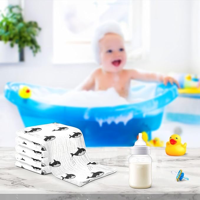 vvfelixl Baby Muslin Washcloths Little Cute Orca Baby Burp Cloths Cotton Babys Face Towel for Newborn Infants Boys Girls Soft and Absorbent 11.8 X 11.8 in, 3 Pack