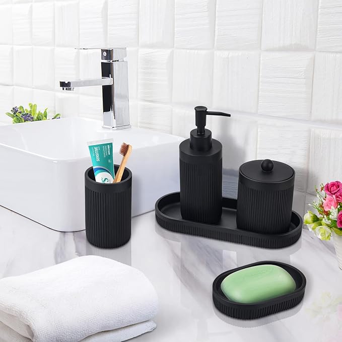 Bathroom Accessory Set 5Pcs-Lotion Soap Dispenser,Toothbrush Holder,Qtip Holder Dispenser,Vanity Tray and Soap Dish-Modern Bathroom Decor Vanity Countertop Organizer,Matte Black