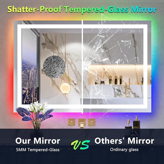 48x36 Inch RGB LED Bathroom Mirror Front Light and RGB Backlit Lighted Vanity Mirror for Bathroom Wall Mounted Dimmable Anti Fog Memory Shatter-Proof IP54 Waterproof Horizontal/Vertical