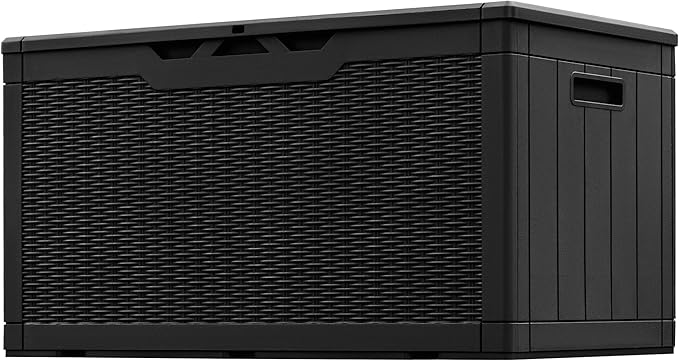 Greesum 100 Gallon Resin Patio Storage Box for Garden Tools, Outdoor Furniture Cushions, Pool Supplies, Black