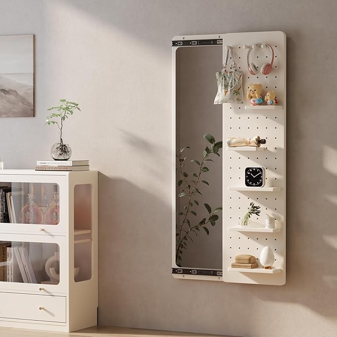 KungFuWood Full Length Mirror with Shelf and Hooks,Entry Way Mirrors for Wall,Wall Mirror with Shelf,Wall Mirror with Storage Multifunctional Design Panel,Living Room