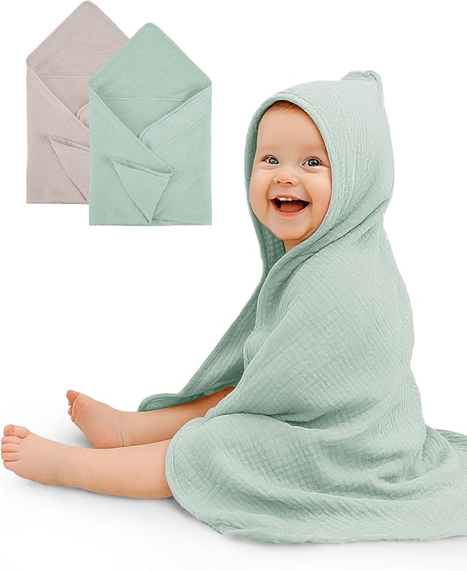 Hooded Baby Towels 2 Pack, Muslin Baby Bath Towels with Hood for Newborn Infant and Toddler, Soft Breathable & Absorbent, 32" x 32" (Beige & Sage, Heavyweight)