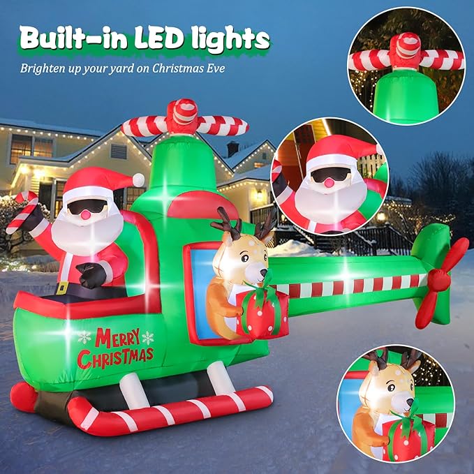 8.5 FT Long Christmas Inflatable Outdoor Decorations, Blow Up Santa Claus Helicopter with Bright LED Lights, Christmas Santa and Reindeer Flying Airplane for Xmas Decor, Lawn, Yard Holiday Party