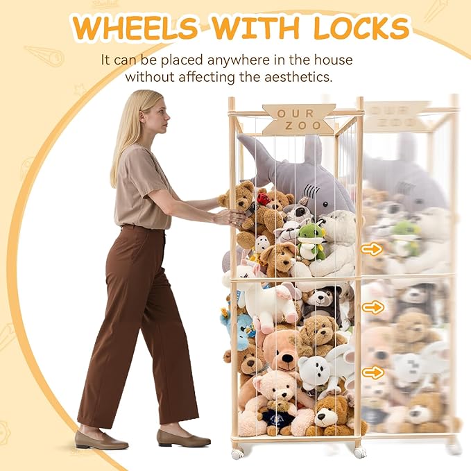 Stuffed Animal Storage Zoo with Wheels, Wooden Large Stuff Animals Plushies Holder Toy Organizer Kids Plush Storage Cage with Elastic Band and Net for Nursery Playroom Corner for Toddler