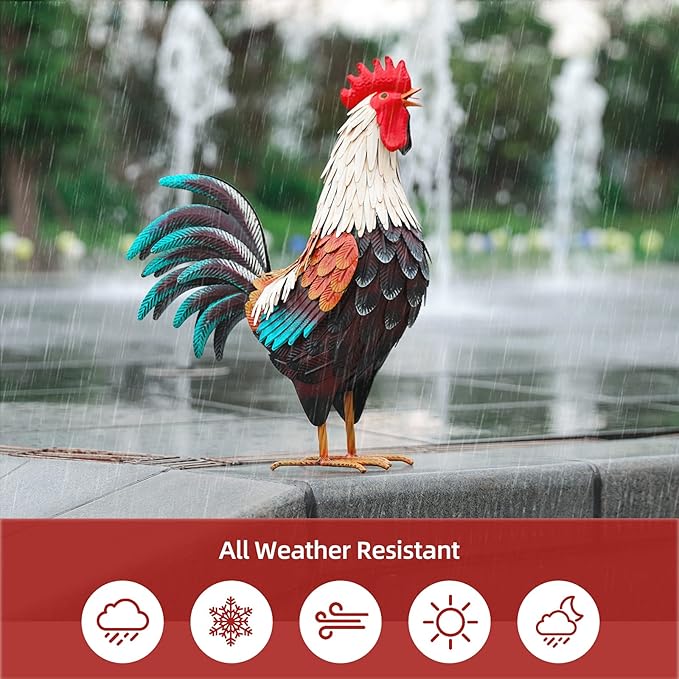 chisheen Metal Rooster Decor,Yard Chicken Decorations,Outdoor Garden Statues, Metal Chicken Sculpture for Backyard Patio Kitchen Decor & Lawn Ornaments