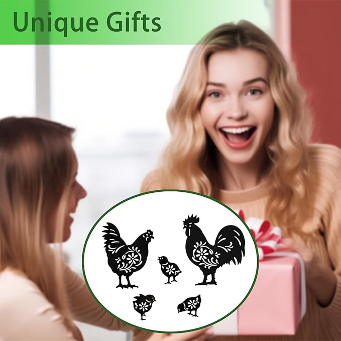 Metal Chicken Garden Decor Outdoor,5 Pack Rooster,Hen,Chicks Yard Art,Garden Statues for Outside (Chicken Black)