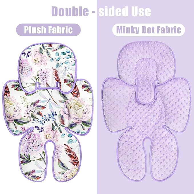 Infant Car Seat Insert for Newborn Girls Boys, HNHUAMING 2 In 1 Reversible Baby Car Seat Head & Body Support, Extra Soft Baby Car Seat Cushion Insert for Strollers, Swings, and Bouncers, Purple Floral
