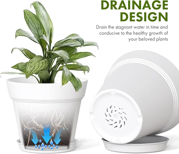 7 Inch Thick Plastic Plant Pots with Drainage Holes and Trays – 6 Pack Nursery Pots for Indoor & Outdoor House Plants, Seedling Starter Planters for Garden Flowers, White