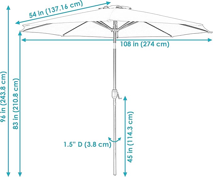 Sunnydaze Outdoor Patio Umbrella - Polyester Table Market Umbrella with Push-Button Tilt and Crank - 8 Sturdy Ribs - Turquoise - 9ft