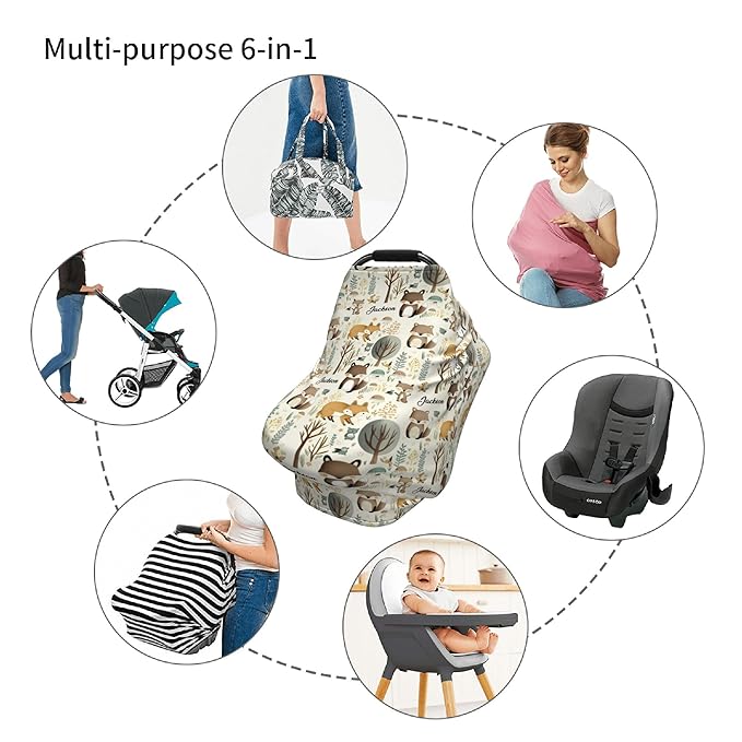 Personalized Woodland Baby Car Seat Cover with Name,Multi-Use Canopy for Nursing, Strollers,Shopping Carts,Customized Breastfeeding Cover, Full Privacy,Infant Stroller Cover