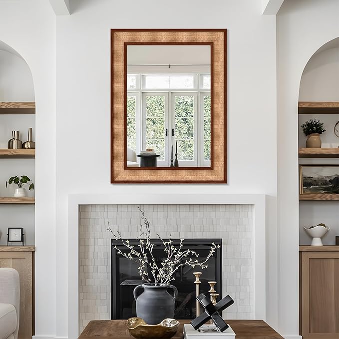 Rattan Wall Mirror with Wooden Framed 24 X 32 inch Farmhouse Rectangle Wood Mirror for Modern Decorative Bathroom, Living Room, Entryway, Bedroom (Walnut)