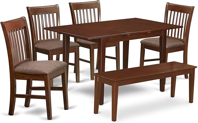 East West Furniture PSNO6C-MAH-C 6 Piece Dining Room Set Contains a Rectangle Kitchen Table with Butterfly Leaf and 4 Linen Fabric Dining Chairs with a Bench, 32x60 Inch, Mahogany