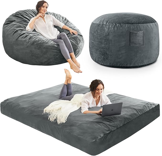 Bean Bag Chairs for Adults - Giant Bean Bag Chair Convertible Bean Bag Bed - Beanbag Chair with Micro Fiber Cover/Furniture Foam Filler - Floor Couch Sofa in Bedroom Dorm Room - Queen Charcoal