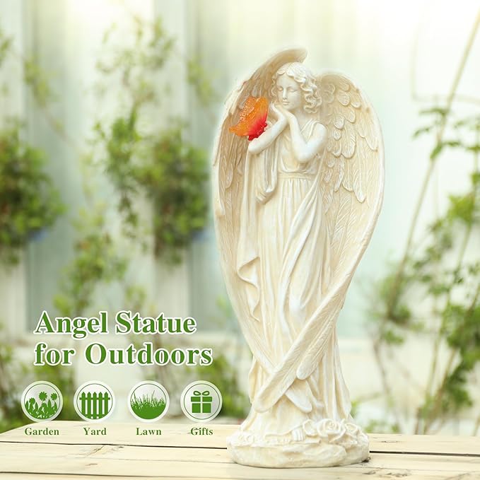 Angel Figurine, Large Angel Garden Statues Outdoor with Butterfly Solar LED Lights Lawn Decorations Yard Ornament Sculptural for Outside Patio Decor, Angel Gardening Gifts