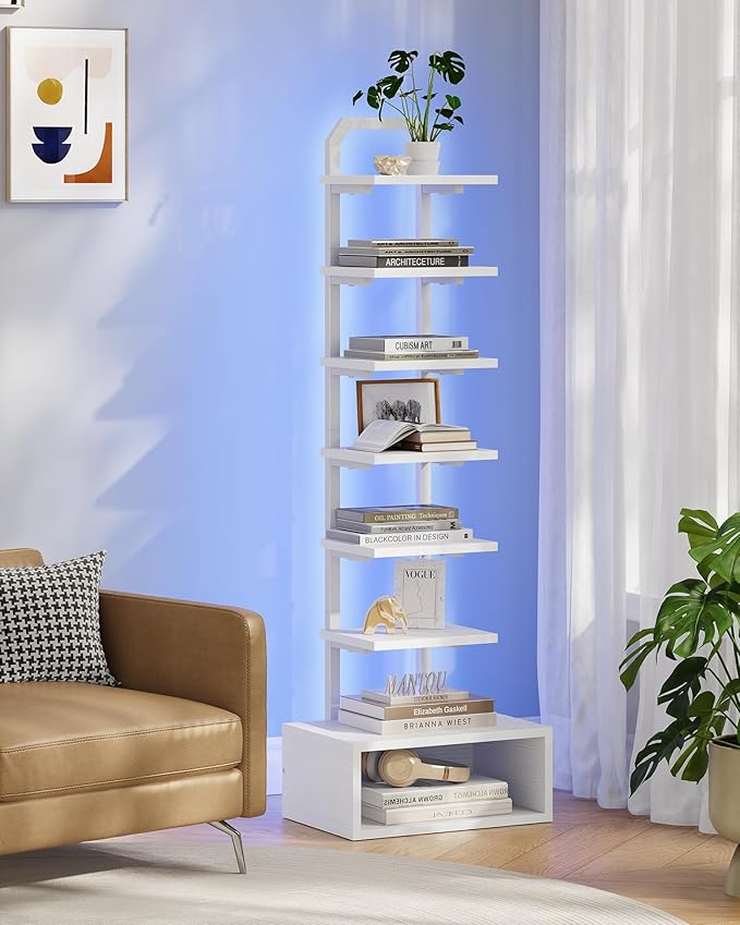 8-Tier Bookshelf, LED Bookcase with Semi-Open Bottom, Small Space Standing Shelf with Lights, Corner Storage Stand, for Living Room, Home Office, Bedroom, White TSJ08DWB