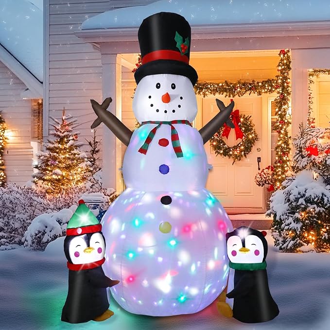 8FT Christmas Inflatable Snowman Outdoor Decorations, Christmas Blow up Snowman with Two Penguins Decoration, Built-in Colorful Rotating Lights for Holiday Xmas Party Lawn Yard Garden