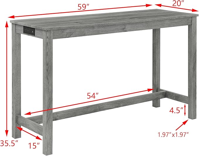 Ball & Cast 4 Piece Kitchen Dining Room Table and Chairs Set, Farmhouse Wooden Counter Height Bar-Sets w/USB Ports & Power Outlet & 3pcs Stools, 59" Sofa-Table Barstool w/Charging Station, Grey