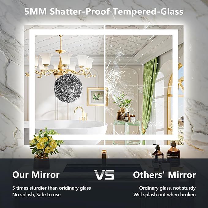 44x30 Inch LED Bathroom Mirror with Lights Front and Backlit Lighted Vanity Mirror for Bathroom Wall with 3 Colors Dimmable Anti-Fog Memory Shatter-Proof IP54 Waterproof Horizontal/Vertical