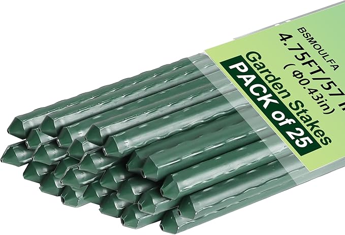 Garden Stakes 57 Inch, Approx 5ft Steel Plant Stakes 25 Pack for Gardening and Farm, 57" Plastic Coated Plant Support for Tomato, Cucumber, Bean, Flower, Potted More Climbing Plants