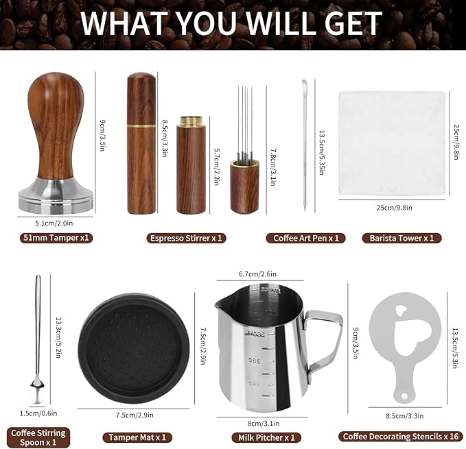 Gmnuiy51mm Coffee Tamper Set 23 PCS, Espresso Accessories Kit Barista Kit,316stainlesss Tamper & WDT Tool,316stainlesss Frothing Pitcher, Stirrer, Tamper Mat, Latte Art Pen Coffee puck screen
