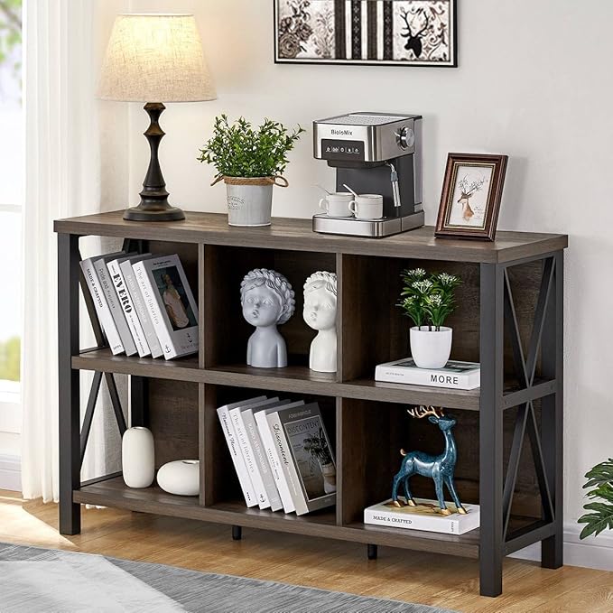 FATORRI Rustic 6 Cube Storage Organizer with Shelf, Wood and Metal Cubby Bookcase, Industrial Horizontal Bookshelf for Living Room, Home Office (Walnut Brown, 47 Inch)