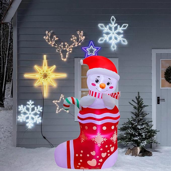 Juegoal Christmas Inflatables Outdoor Decorations, 5FT Inflatable Snowman in Xmas Stocking, Lighted Blow Up Snowman Standing on Christmas Socks with Built in Lights for Holiday Lawn Yard Garden Decor