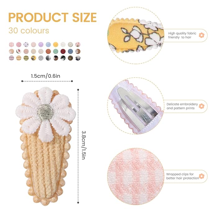 YLEN YHXX 60 PCS Snap Hair Clips for Baby Girls - Floral Print Non-Slip Wrapped 1.5 Inches Mini Clips - Cute Fine Hair Accessories for Infants and Toddlers