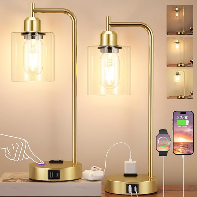 Innqoo Industrial Gold Table Lamp for Bedrooms Set of 2-3-Way Dimmable Desk Lamp with USB C+A Ports and Outlet, Gold Lamps with Clear Glass Shade for Living Room, Desk Lamps for Home Office
