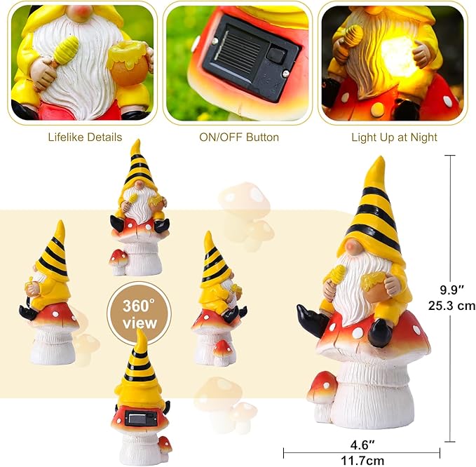 Solar Gnome on Mushroom Decor for Yard Decorations - 10 Inch Gnome Statue Decor for Outdoor,Perfect Garden Gifts for Women,Mom