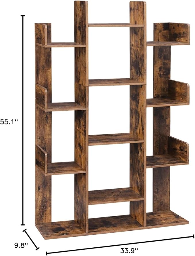 VASAGLE Bookshelf, Tree-Shaped Bookcase with 13 Storage Shelves, Rounded Corners & 9-Tier Floor Standing Tree Bookshelf, with Shelves for Living Room, Home Office, Rustic Brown ULBC11BX