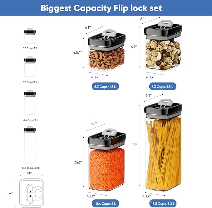 Chef's Path Airtight Food Storage Containers Set for Home Organization - 7 Piece Largest Flip Lock Set w/more Capacity - BPA Free Plastic Dry Food Storage Containers with Lids