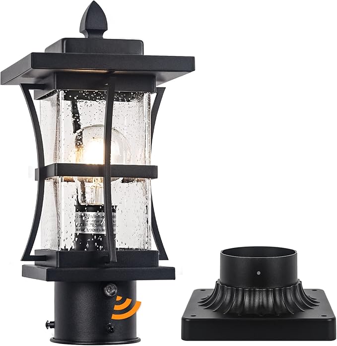 Dusk to Dawn Outdoor Post Light Fixture with Pier Mount Base - Black Outdoor Pole Lighting, Waterproof Pillar Lantern, Modern Outside Column with Seeded Glass for Pathway, Garden, Patio, Anti-Rust