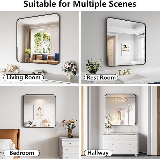 Koonmi Bathroom Mirror, 36X36 Inch Black Metal Framed Mirror for Bathroom, Tempered Glass, Anti-Rust, Rounded Rectangle Mirror for Restroom, Bedroom, Black