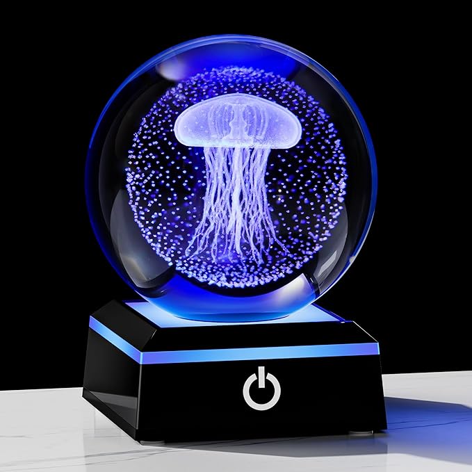 Qianwei Jellyfish Lamp for Women 3D Crystal Ball 3.14'' - 80mm Laser Jellyfish Decor Glass Animals Jellyfish Night Light Gifts Figurines Statue for Room Decorations Jellyfish Stuff