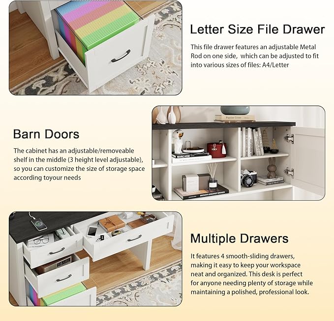 Farmhouse 67" H Executive Desk with Hutch,Office Table with 4 Drawers and LED Light, Computer Desk with Storage Cabinet & File Drawers and Charging Station, Wood Workstation for Home Office,Study